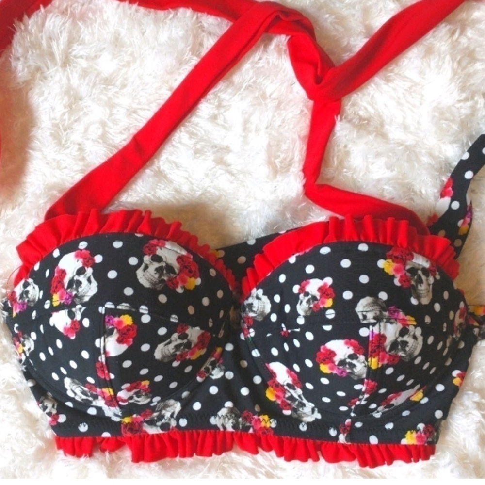 Hot Topics Vintage Bikini top Polka Dots with Skulls and roses.